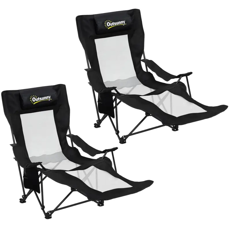 Reducere Outsunny Set de 2 Scaune Pliabile Rabatabile pentru Camping cu Suport Picioare Detașabil, Tetieră, Suport Pahar și Husă, Negru