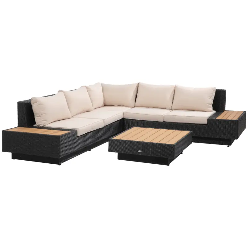 Cumpărături sigure Outsunny Set Salon de Gradina 4 Piese din Ratan, Canapea de Exterior Coltar cu Perne, Masute Laterale si Masa de Cafea, Negru