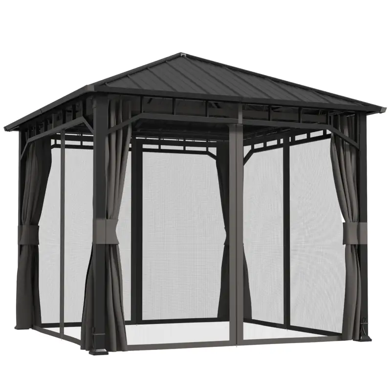 Ofertă de sezon Outsunny Pavilion 3 x 3 m impermeabil stabil rezistent la iarnă pavilion de grădină cu părți laterale, plase, cârlige, acoperiș rigid Gri închis