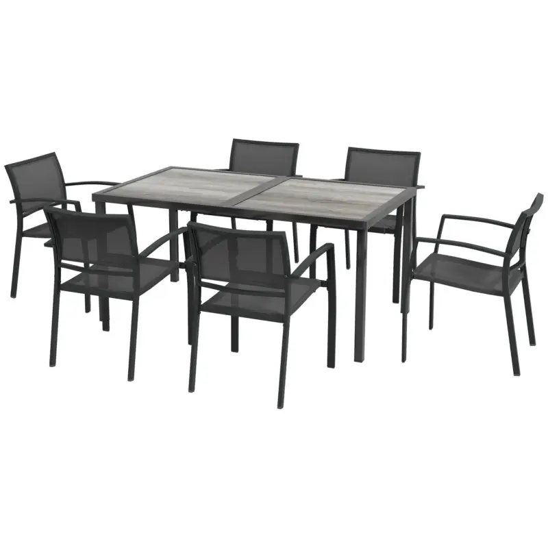 Outsunny Set de Grădină cu 6 Scaune Stivuibile din Material Textil de Plasă și Masă cu Aspect de Lemn, Gri Ieftin