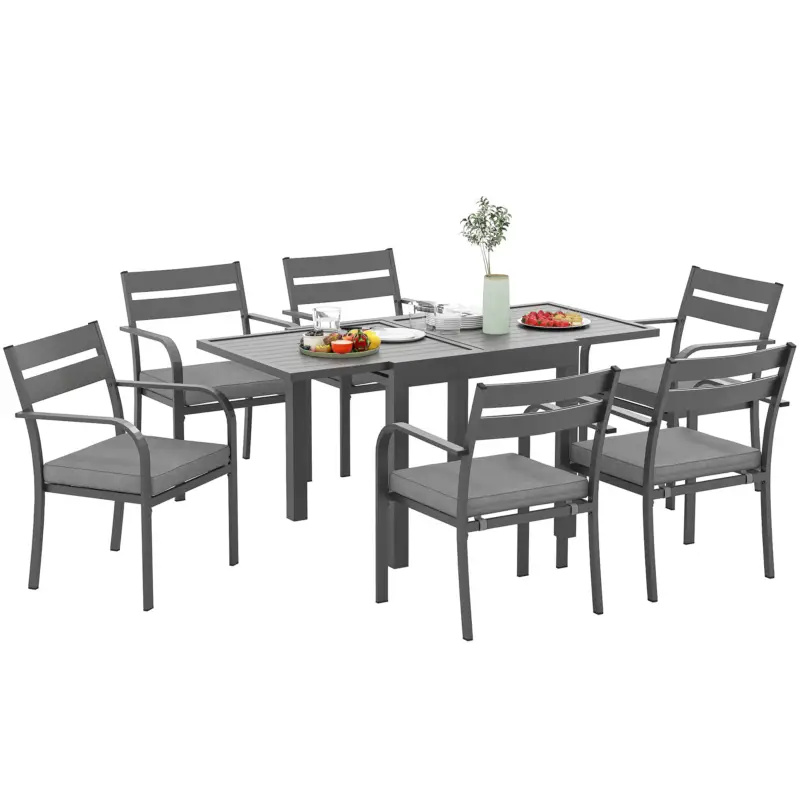 Cumpără acum Outsunny Set de Grădină cu Masă Extensibilă și 6 Scaune Stivuibile cu Perne, Gri
