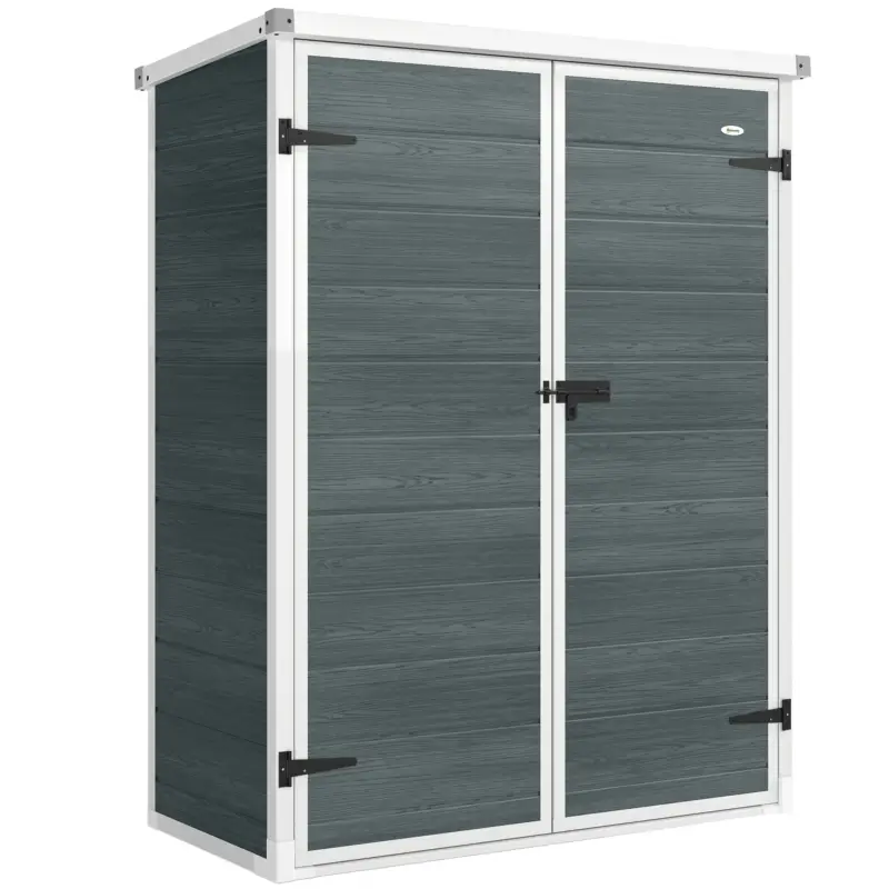 Cumpără acum Outsunny Depozit pentru unelte 0,8m², șopron pentru unelte cu rafturi pliante, 134 x 68,5 x 170 cm, din plastic cu uși duble închise cu lacăt, placă pentru podea