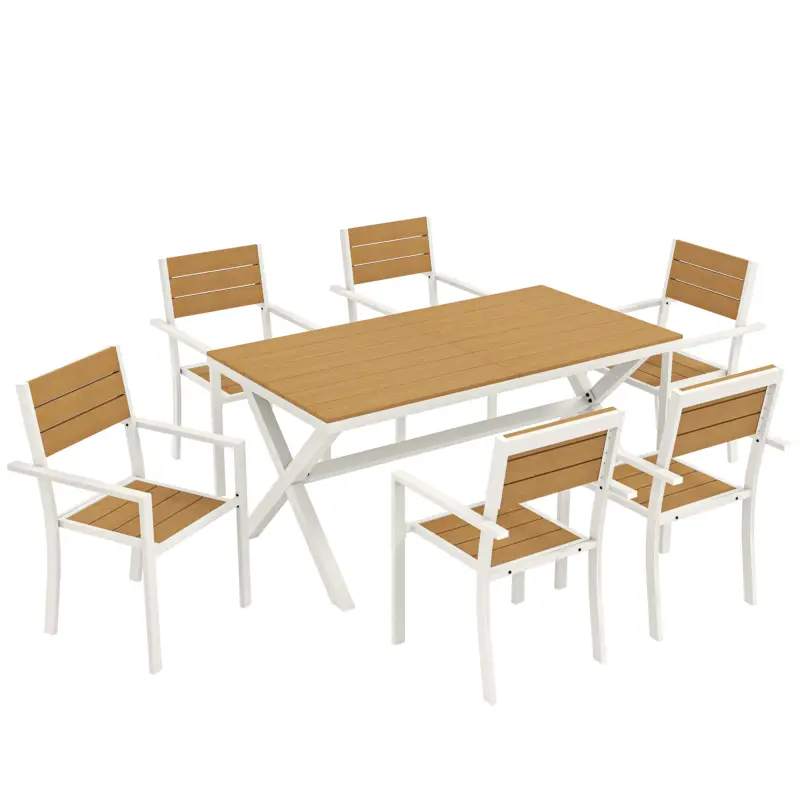 Preț redus Outsunny Set Masă și Scaune de Grădină 7 Piese, Set Prânz Exterior din Aluminiu cu 6 Scaune Stivuibile, Masă cu Șipci Imitatie Lemn, pentru Terasă, Balcon, Patio, Teak