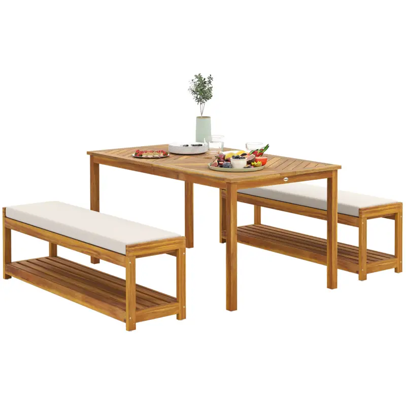 Outsunny Set de mobilier de grădină 3 buc., Set de scaune cu 1 masă cu orificiu pentru umbrelă, 2 bănci 150 x 85 x 75 cm Teak Reducere de preț