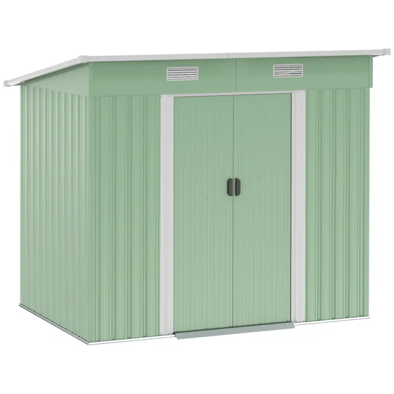 Outsunny Magazie de unelte din metal 2,3 m² 207 x 130 x 182 cm - Magazin pentru unelte cu acoperiș în pantă, fereastră, cadru de sol, verde Reducere de preț