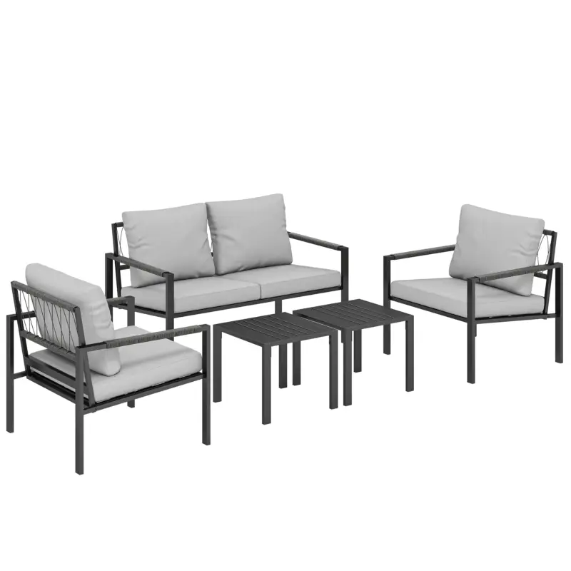 Outsunny Set mobilier grădină 4 persoane rezistent la intemperii set mobilier balcon cu canapea 2 locuri, fotoliu, perne, măsuță Gri deschis Ofertă