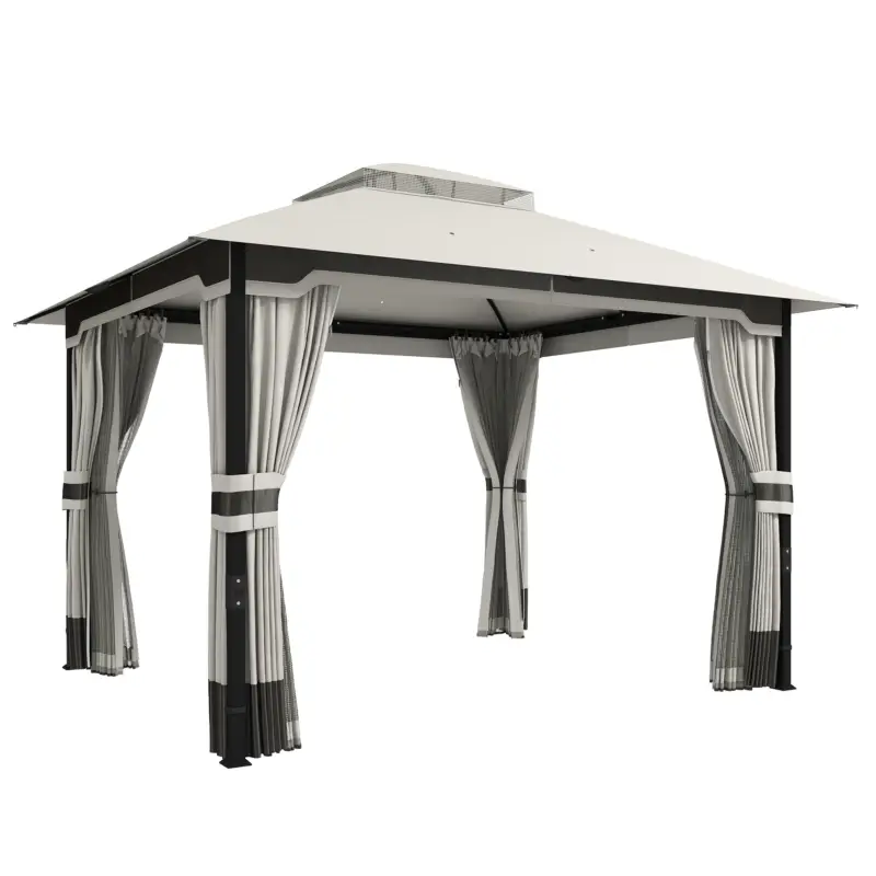 Ofertă specială Outsunny Cort pentru Grădină cu Acoperiș Dublu Foișor cu 4 Pereți și Plasă Anti-Țânțari pentru Exterior Terasă 360x300x279 cm Gri Deschis