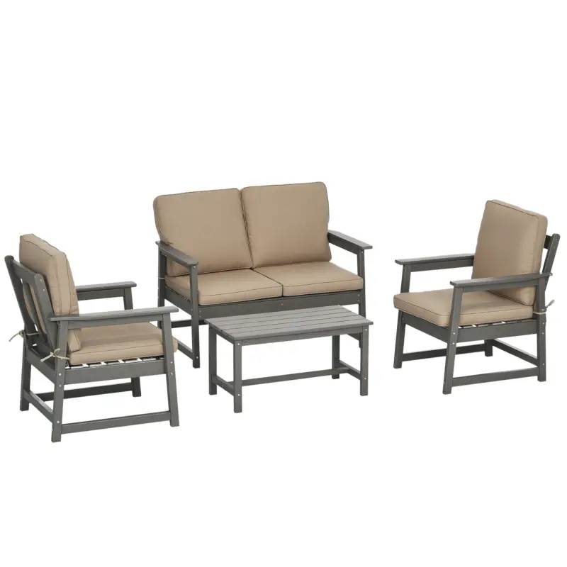 Ofertă specială Outsunny Set de Mobilier de Grădină cu Canapea, 2 Fotolii și Măsuță din HDPE cu Perne, Gri Închis