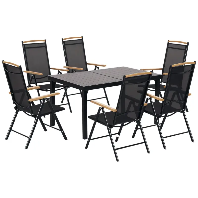Vezi acum Outsunny salon de grădină pentru 6 persoane, cadru din aluminiu, masă 140 cm, 6 scaune pliabile și înclinabile, negru