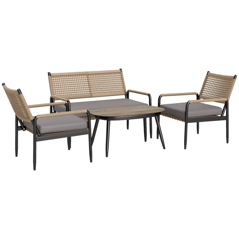 Outsunny Set mobilier grădină ratan, canapea dublă, fotoliu, masă cu geam, perne, 4 persoane, Gri închis, Galben Cumpără online