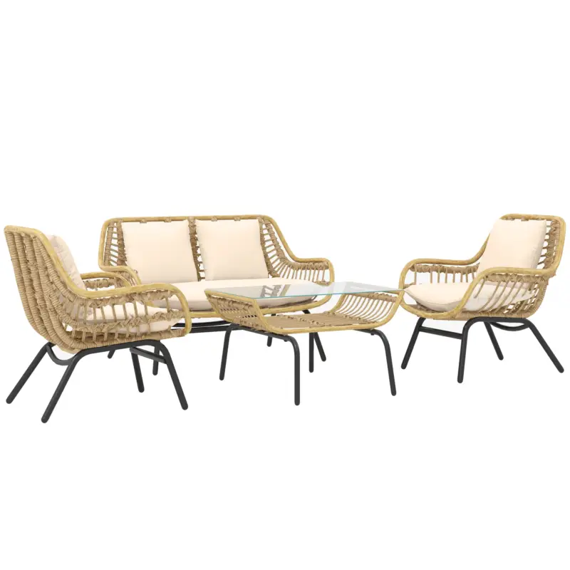 Discount Outsunny Set de Grădină din 4 Piese cu Canapea, Fotolii cu Perne și Măsuță de Cafea, 118x69x73 cm, Bej