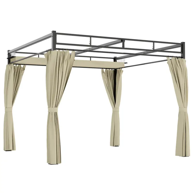 Plată sigură Outsunny Pergolă de Grădină 3x3 m cu Acoperiș Retractabil și Perdele Protecție UV30+ Structură Metalică pentru Patio Terasă Bej