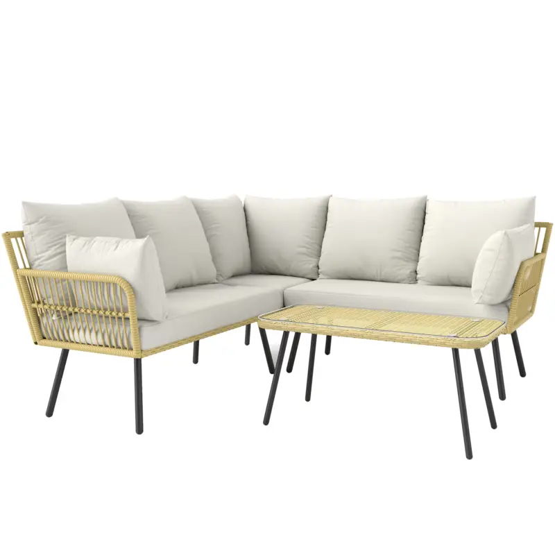 Outsunny Set de Mobilier de Grădină din Ratan din 4 Piese cu Canapea de Colț cu Perne și Măsuță de Cafea, 11x63x74 cm, Crem Cumpărături sigure