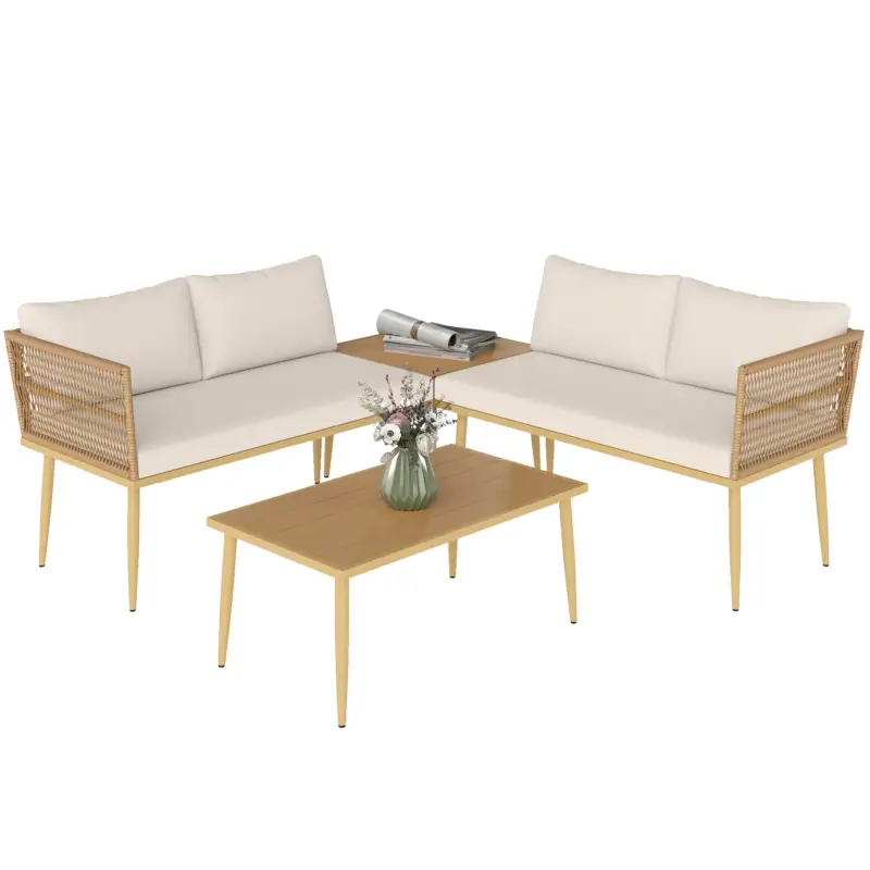 Reducere Outsunny Set Mobilier de Exterior din Ratan PE cu 2 Canapele de 2 Locuri cu Perne și 2 Mese de Cafea, Culoare Lemn