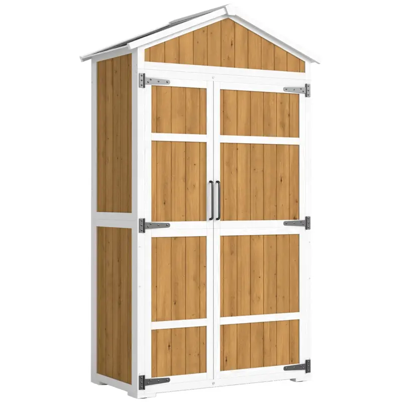 Premium Outsunny Dulap de grădină Adăpost exterior etanș cu acoperiș metalic Uși duble pentru unelte de grădină 105x55x179cm Natural