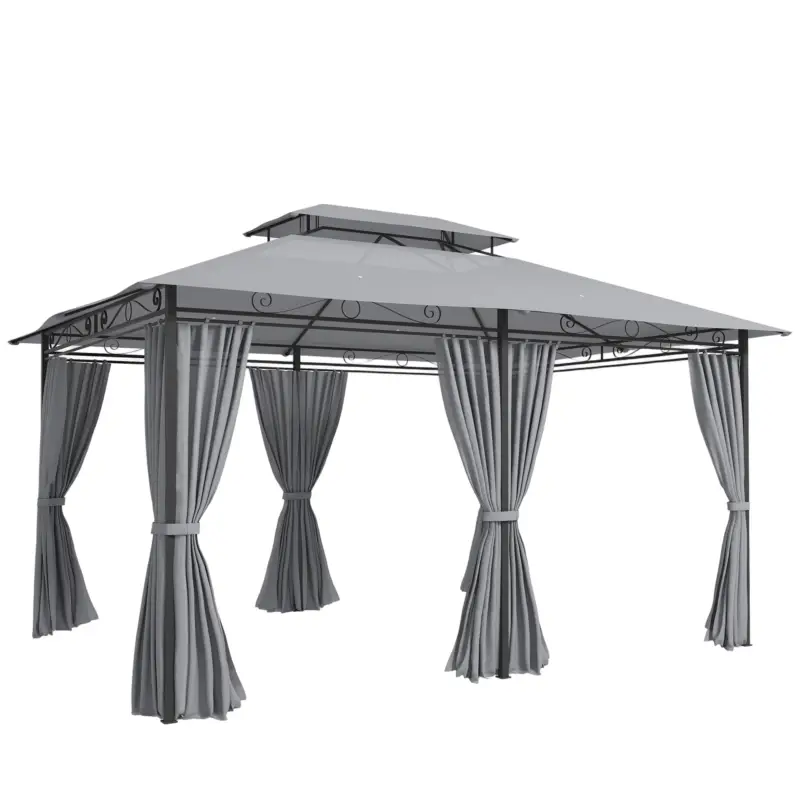 Outsunny Pavilion de grădină, pavilion outdoor cu perdele, acoperiș ventilat, gri închis Ofertă exclusivă