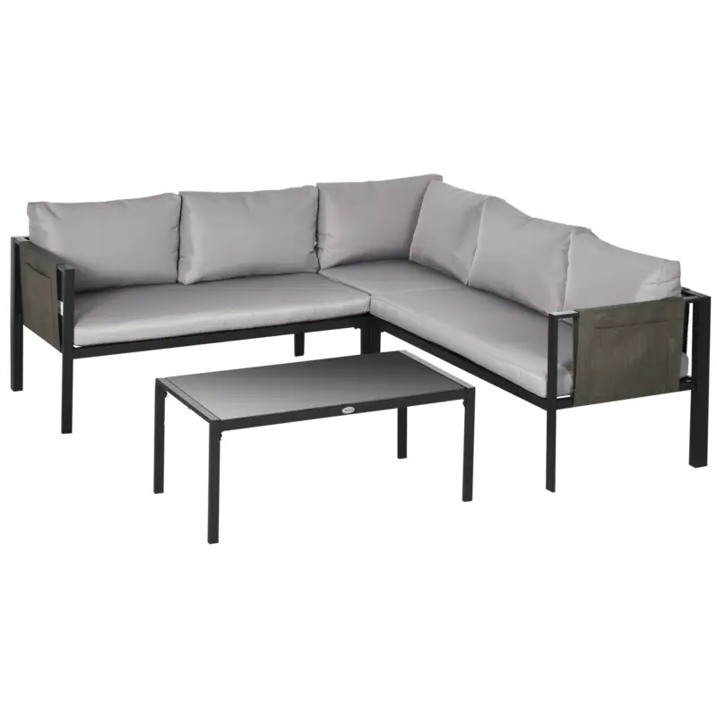 Outsunny Set pentru gradina 4 bucati cu 2 canapele 2 locuri, fotoliu de colt si masuta de cafea din geam securizat, gri si negru Reduceri