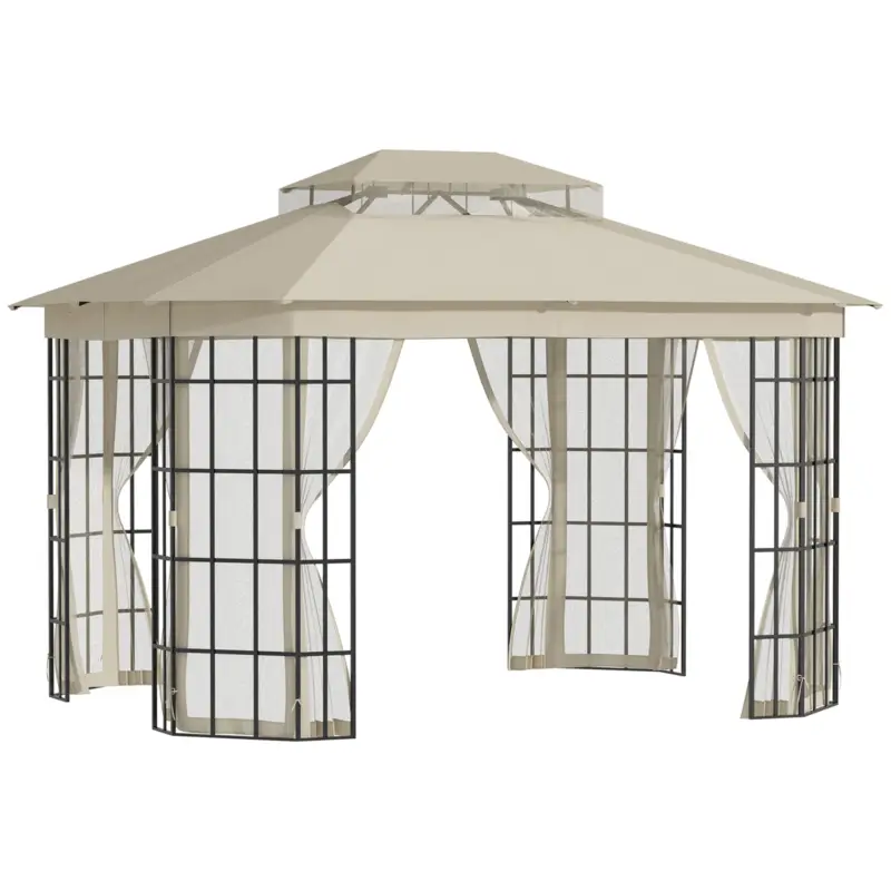 Disponibil imediat Outsunny Foisor de Gradina 3.65x3 m cu Plasa de tantari si Acoperis pe 2 Nivele din Poliester, Structura din Metal, Negru