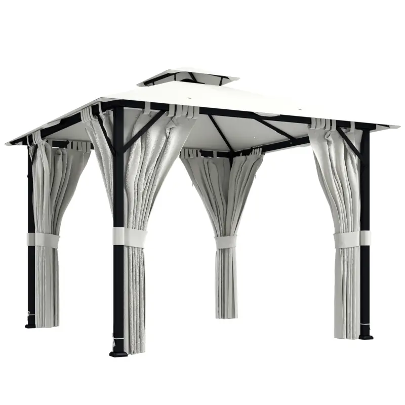 Outsunny Tonnelă de grădină exterior 3x3m pavilion de grădină, acoperiș dublu, draperii, cârlige pentru tavan, cadru metalic, crem Plată sigură