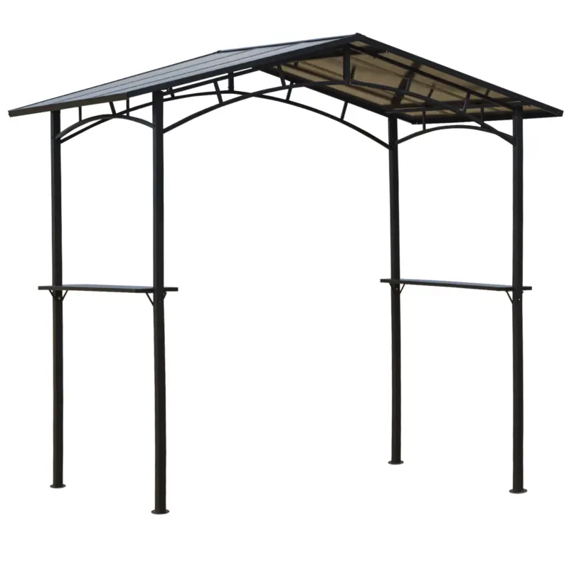 Outsunny Foișor de Grădină cu Acoperiș din PC și Rafturi Laterale, Structură din Aluminiu și Metal, 246x149x230 cm, Negru Calitate înaltă