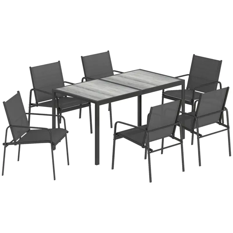 Reducere de preț Outsunny Set de Prânz pentru Exterior, 7 Piese pentru 6 Persoane, Masă cu Efect de Lemn și Scaune cu Șezut Respirabil, Set Mobilier de Grădină cu Cadru din Oțel Galvanizat, Negru