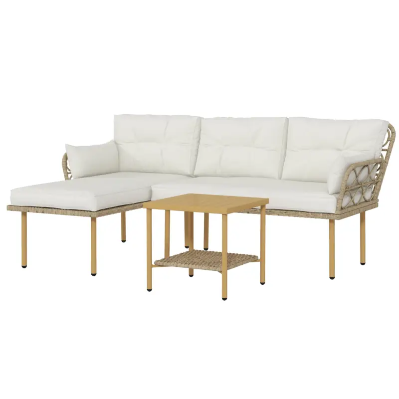 Outsunny Set mobilier grădină colțar 4 persoane, 3 piese cu măsuță și perne confortabile incluse, ratan împletit, crem Doar azi