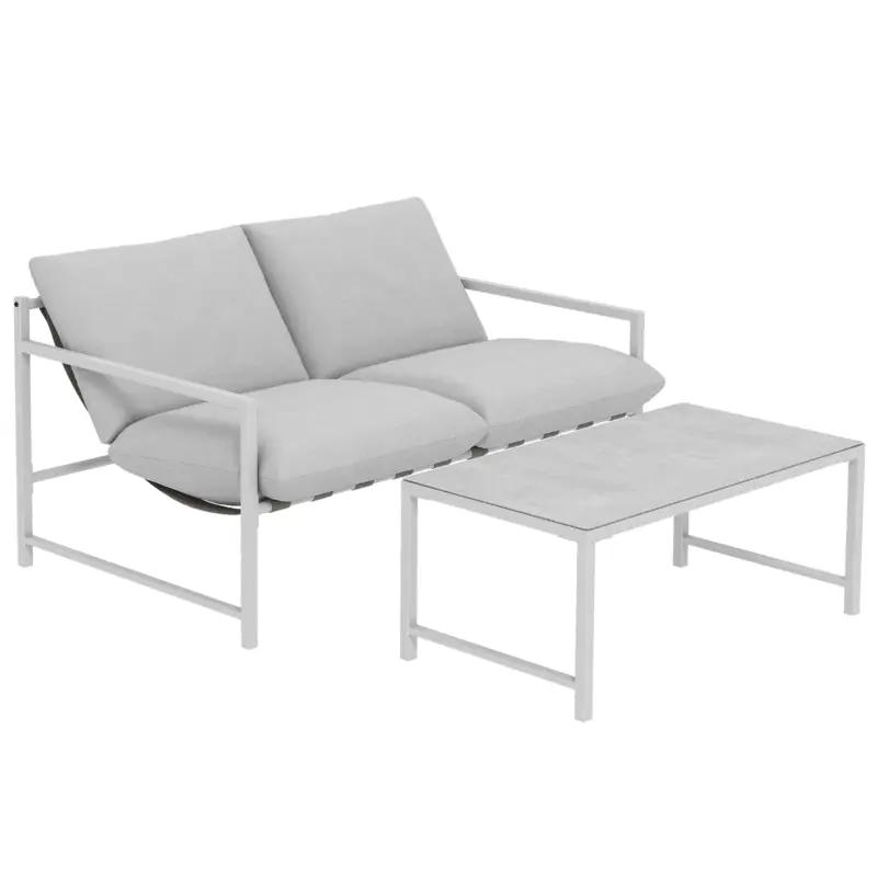 Outsunny Set mobilier de grădină exterior 2 piese, canapea cu perne, masă de cafea cu blat din sticlă securizată marmorat 3D, 125x80x64cm, gri deschis Reducere extra