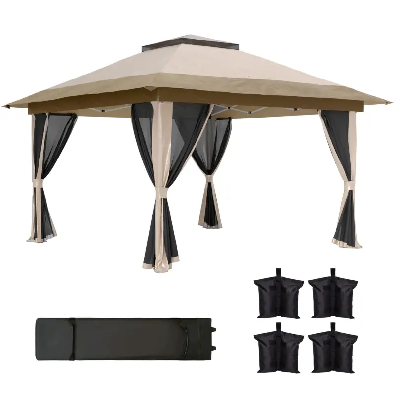 Bestseller Outsunny Pavilion pliant 3,6x3,6 m cu pereți laterali din plasă UPF50+, înălțime reglabilă, geantă cu roți și saci cu nisip, bej