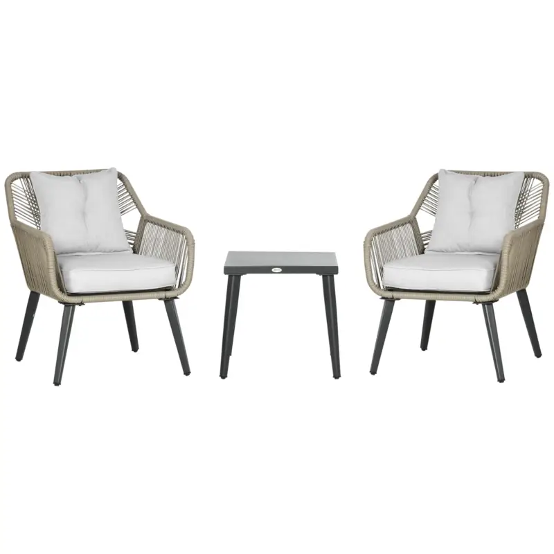 Outsunny Set Modern din 3 Piese cu Suporturi Ajustabile, Set de Cafea pentru Terasă din Împletitură Rotundă, 63x73x78 cm, Gri Deschis Retur ușor
