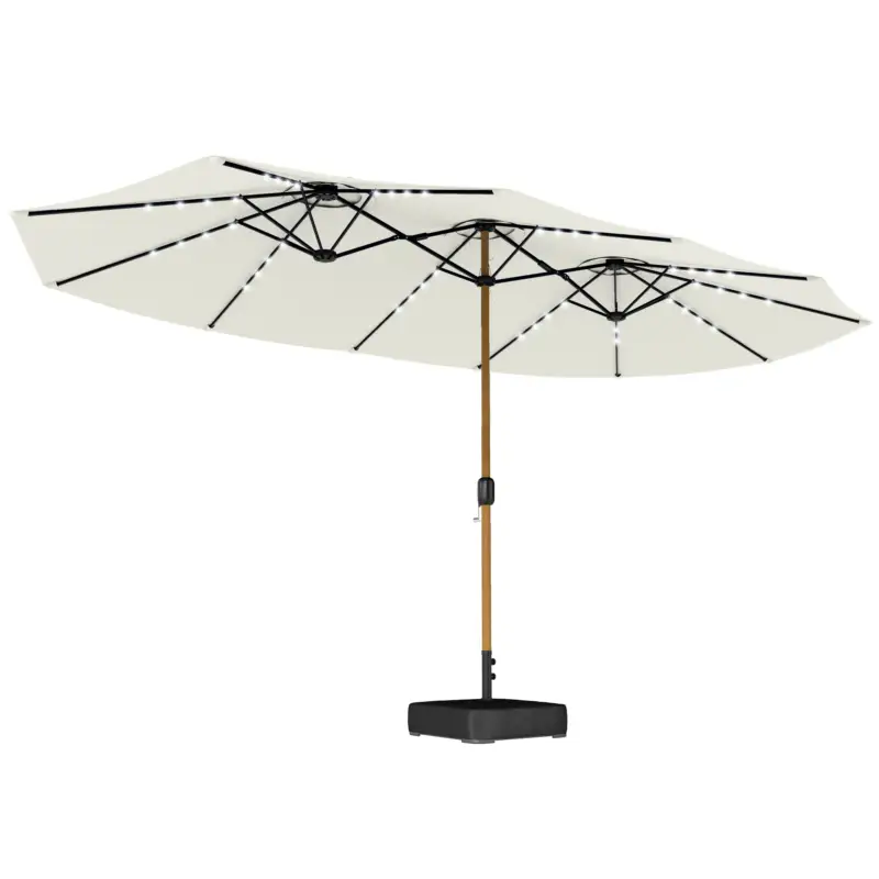 Ieftin Outsunny Umbrelă dublă de grădină 4,6x2,6 m cu 48 LED-uri bază inclusă manivelă saci cu nisip anti-UV crem