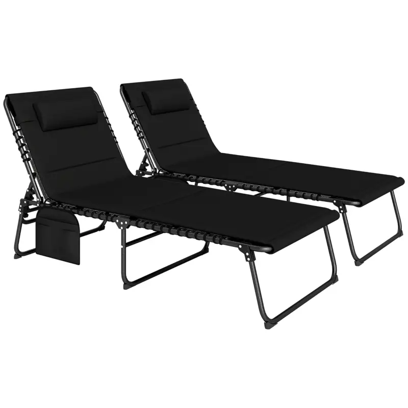 Preț redus Outsunny Set de 2 șezlonguri pliante pentru grădină cu pernă, spătar reglabil în 5 poziții, buzunar lateral, Negru