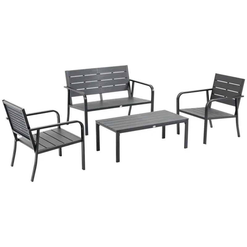 Set Mobilier de Gradina din 4 piese Outsunny, Cadru Negru și Lamele din Plastic Gri Inchis cu Efect de Lemn, Cafea Discount