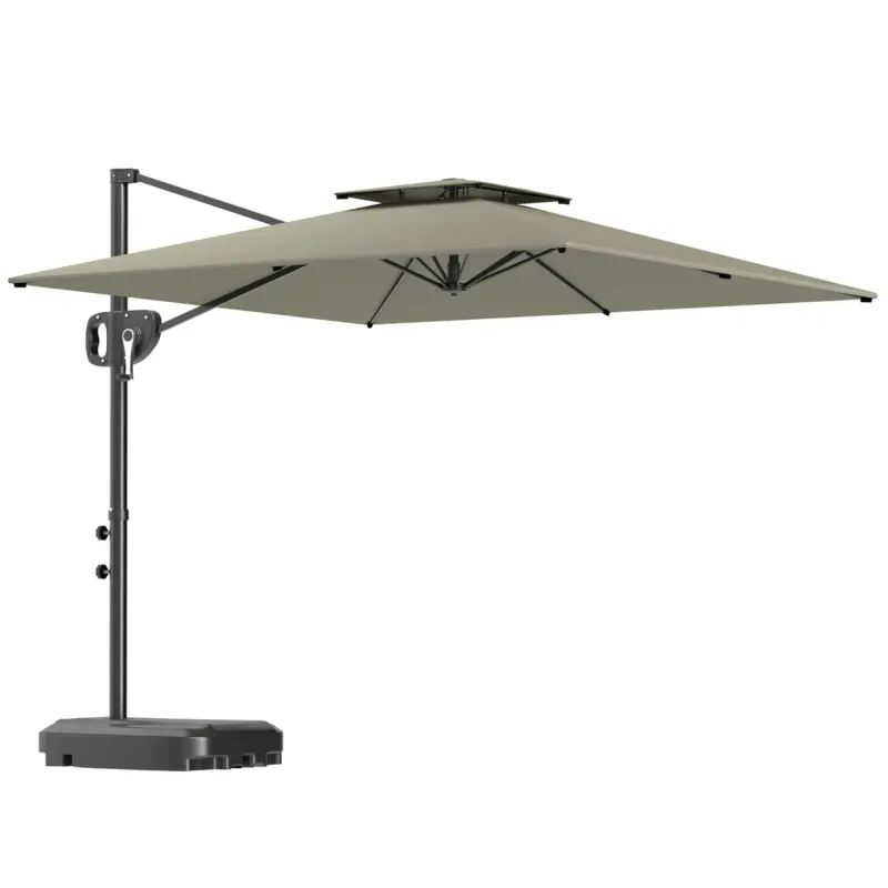 Cumpărături sigure Outsunny Umbrelă cu braț pătrată 2,5 x 2,5 m, umbrelă de grădină exterioară cu manivelă, 2 baze incluse, 8 spițe, gri deschis