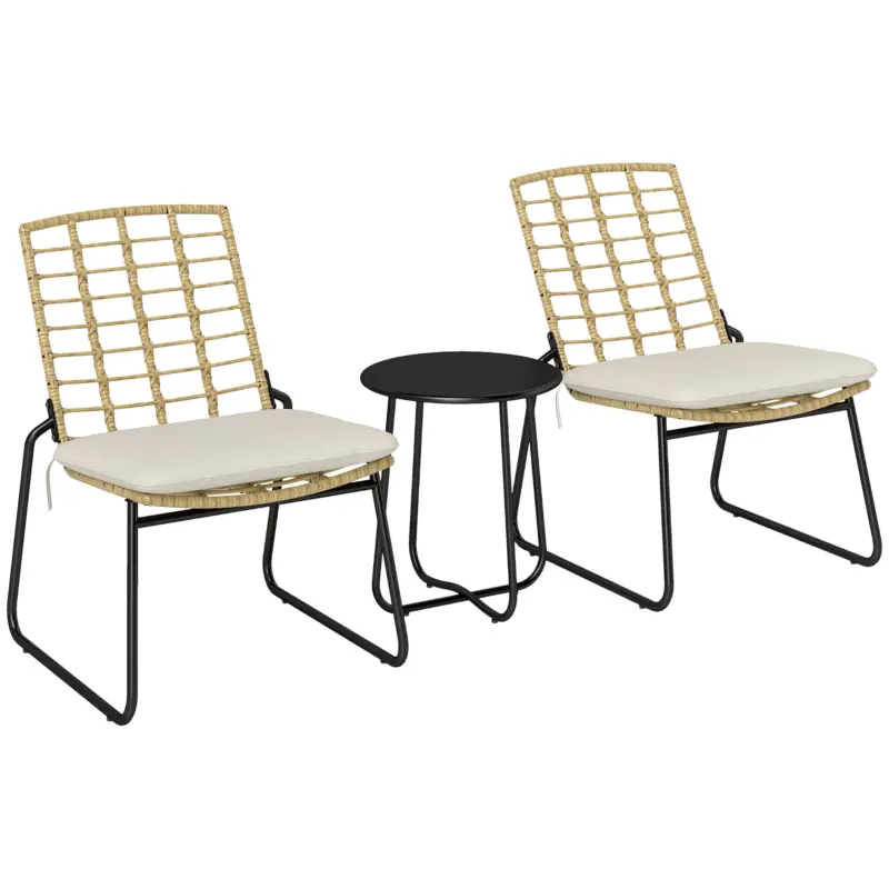 Outsunny Set mobilier de grădină, 3 piese, 2 scaune din ratan, 1 masă cu blat metalic, perne pentru șezut, set bistro, Bej & Maro Preț mic