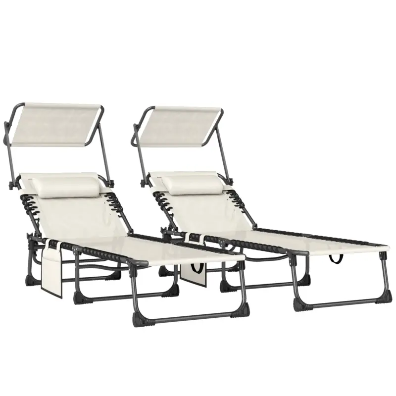 Outsunny Set de 2 Șezlonguri Pliabile cu Pernă pentru Cap Copertină Buzunar Lateral și Spătar Reglabil în 5 Poziții Crem Transport gratuit