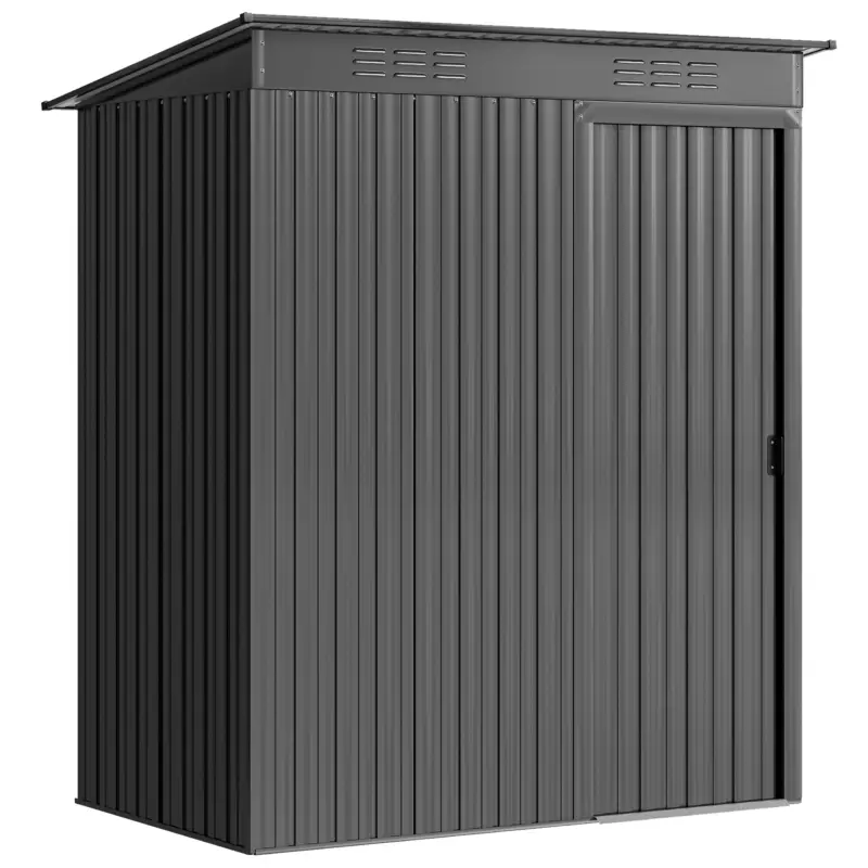 Outsunny Magazie de Grădină 1.37m² din Metal, Montaj Simplu, Magazie pentru Unelte de Grădină cu Fante de Aerisire, Ușă Culisantă, Acoperiș Înclinat și Mănuși, 159x106x181 cm, Gri Închis Ieftin