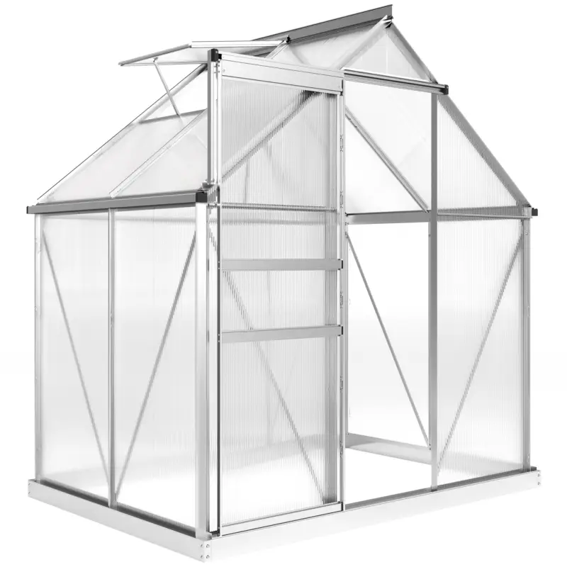 Outsunny Seră din Policarbonat și Aluminiu cu Ușă Glisantă și Fereastră Reglabilă, 192.5x131x200 cm, Argintiu Promoție