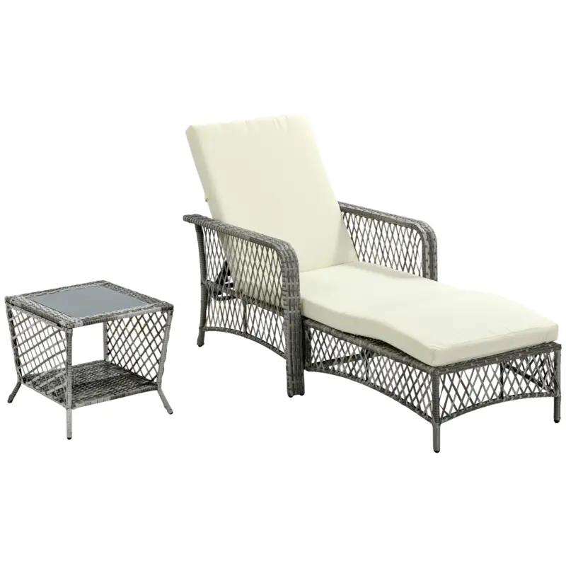 Transport gratuit Outsunny Set din Sezlong rattan din PE si masuta de cafea, sezlong de gradina cu spatar reglabil pe 5 niveluri, 2 roti, gri