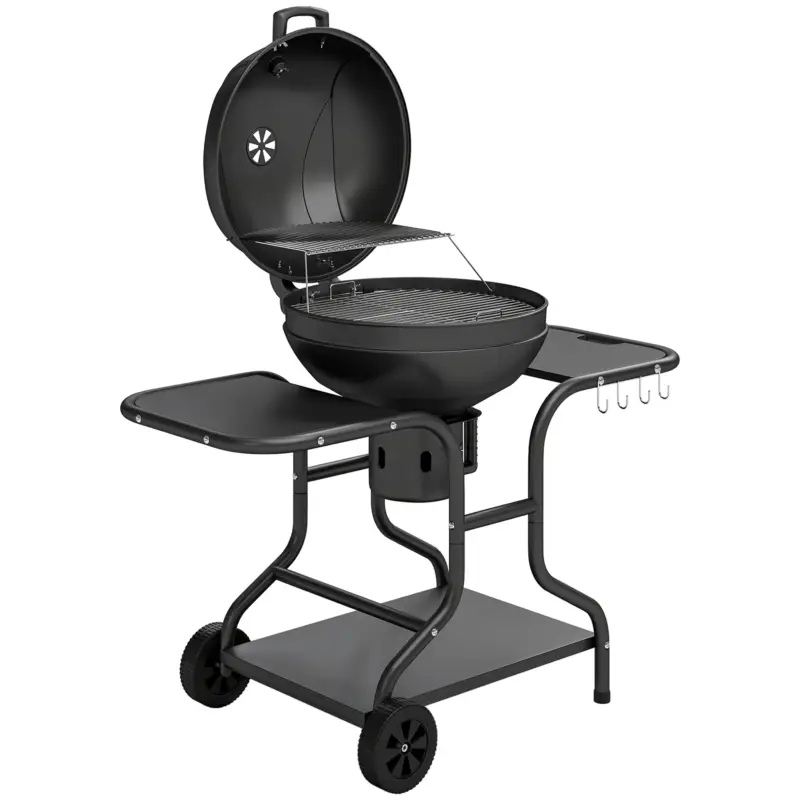 Outsunny Grătar pe cărbuni BBQ Smoker cu mese laterale, termometru în capac, roți 129 x 63,5 x 106,5 cm Nu rata
