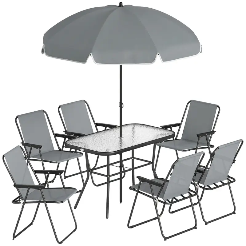 Plată sigură Outsunny Set de Masă de Grădină 8 Piese cu Umbrelă, Set Mobilier Grădină cu 6 Scaune Pliabile, Masă din Sticlă Temperată și Umbrelă pentru Terasă, Gri