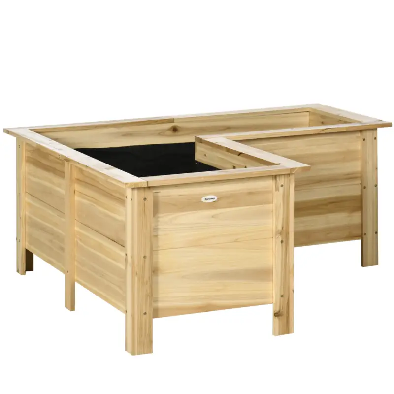 Super ofertă Outsunny Jardinieră înălțată din lemn ghiveci exterior în formă de L cu material nețesut grădină urbană 120x120x50 cm Natural