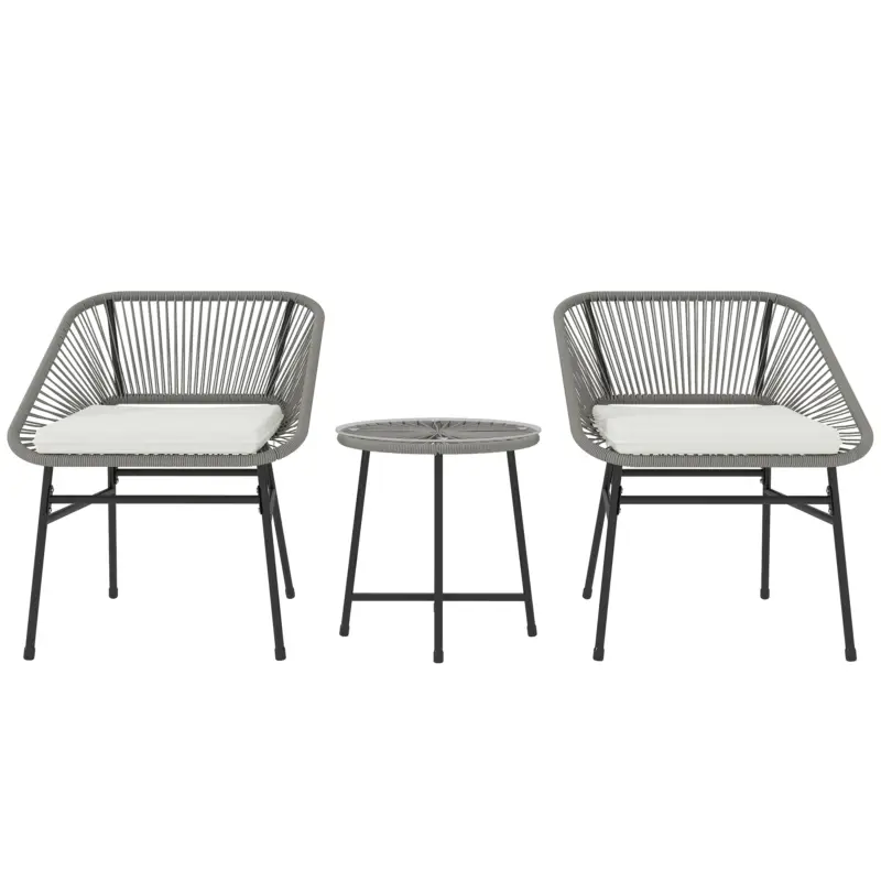Outsunny Set de mobilier de exterior cu 3 piese, 1 masă, 2 scaune, Împletitură de ratan, Cadru din oțel, Masă de cafea cu blat de sticlă, Gri închis Promoție