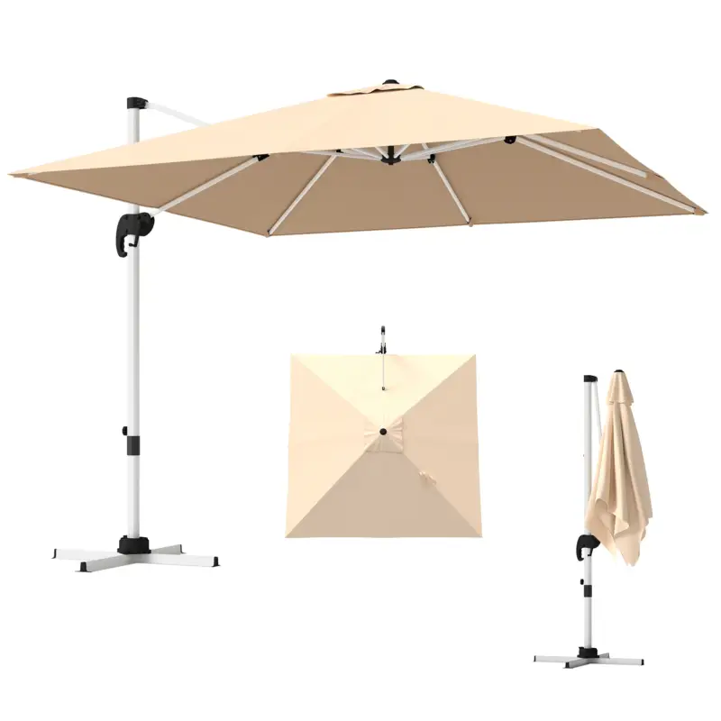 Calitate înaltă Outsunny Umbrelă Suspendată Înclinabilă cu Manivelă și Bază în Cruce, UPF50+, Kaki