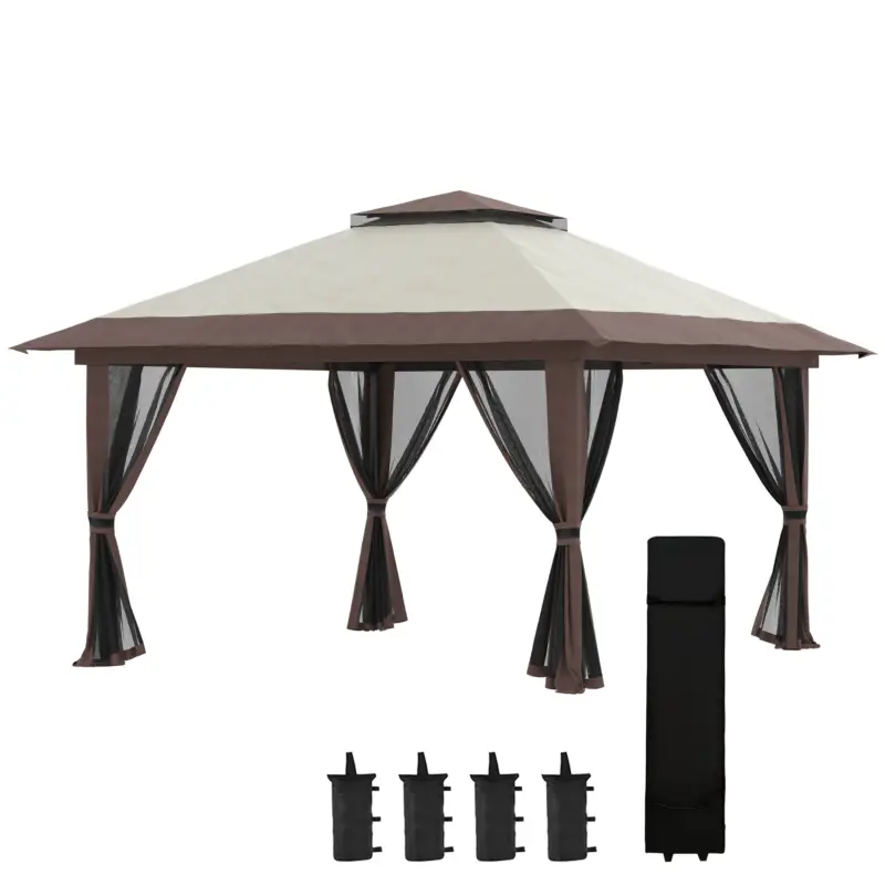 Cumpără acum Pavilion Outsunny pliabil 4x4 m cu înălțime reglabilă, plasă de țânțari și geantă, din metal și material Oxford, bej