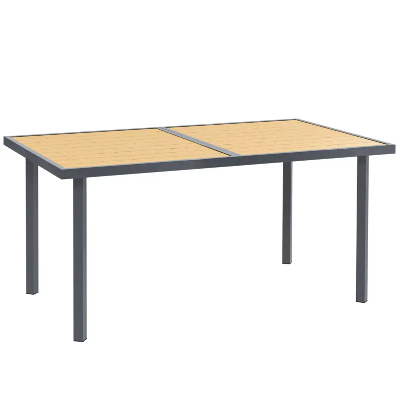 Outsunny Masă de luat masa pentru grădină pentru 6 persoane, masă de grădină cu blat din oțel cu aspect de lemn, 150 x 90 x 72 cm, lemn natural Preț redus