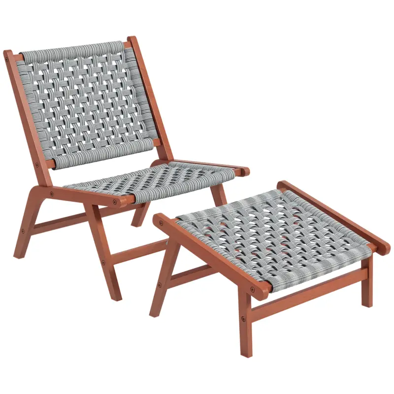 Outsunny Fotoliu de gradina cu suport pentru picioare - fotoliu de relaxare din lemn de acacia si rachita din polipropilena - natural, gri Cumpără online