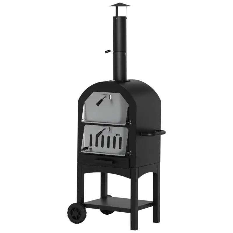 Reducere extra Outsunny Cuptor Portabil cu Cărbune pentru Pizza și Barbecue, Cuptor cu Lemne, Coș de Fum și Raft Inferior, 63x54x161 cm, Negru