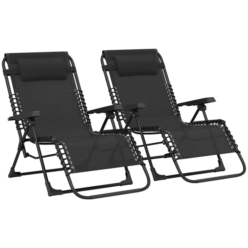 Outsunny Set de 2 șezlonguri pentru bronzat, șezlong pliant reglabil cu tetieră din textilenă, 90 x 65 x 112 cm, negru Premium