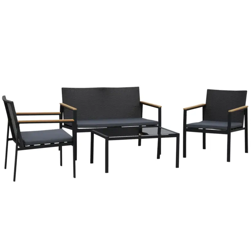 Outsunny Set Mobilier de Grădină din Ratan din 2 Scaune cu Brațe pentru Terasă, Bancă și Masă de Cafea, 80x42x37 cm, Negru Transport gratuit