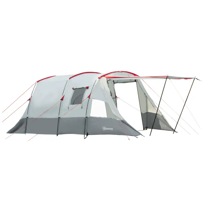 Disponibil imediat Outsunny Tenta de camping tunnelă 6-8 persoane, impermeabilă, uși și ferestre, 5,1 x 2,4 x 1,8 cm, gri deschis